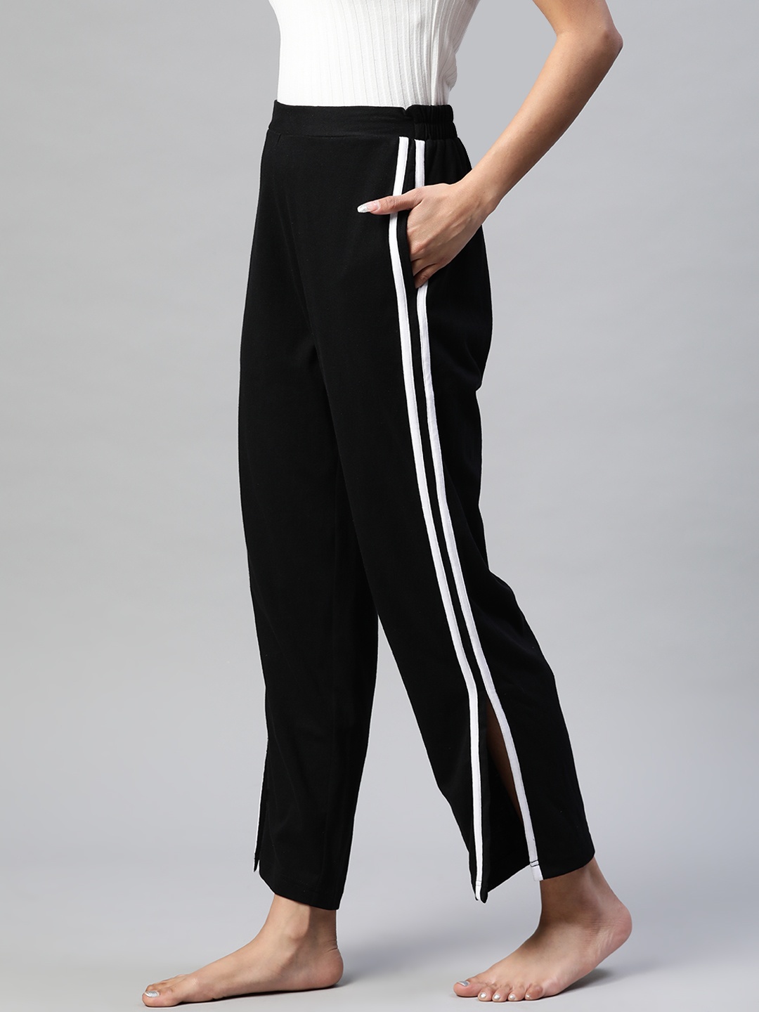 

plusS Women Black Solid Track Pants With Side Slits