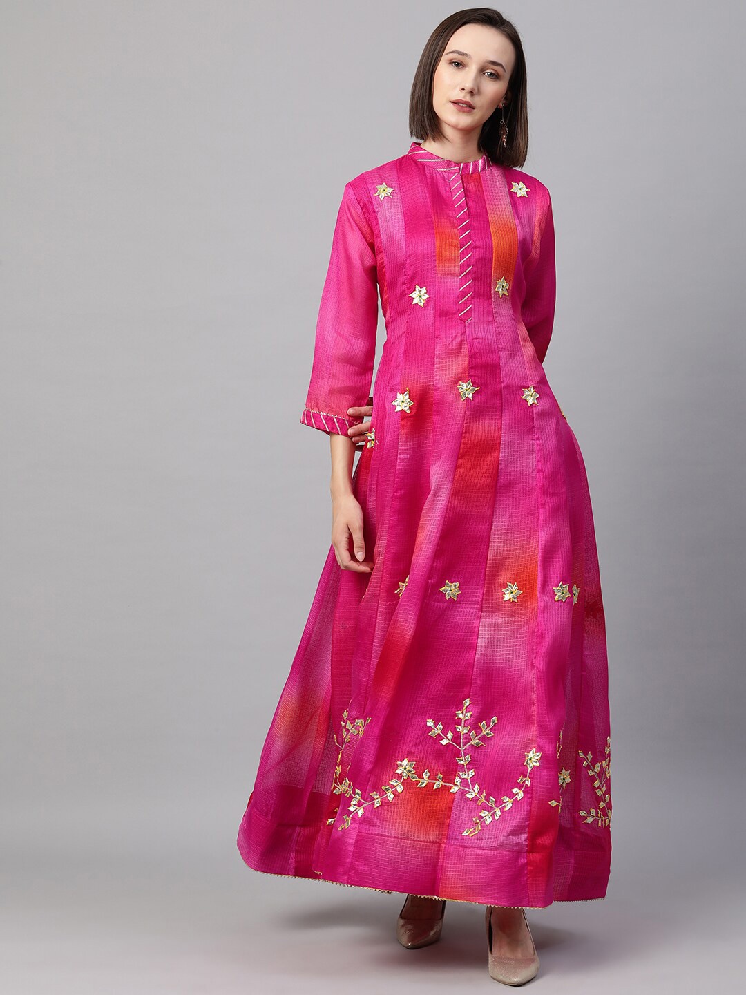 

FASHOR Pink Floral Ethnic Embroidered Maxi Dress