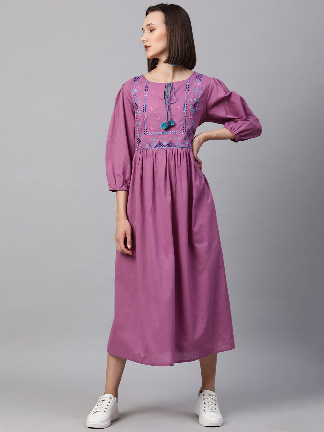 

FASHOR Purple Ethnic Motifs Embroidered Puff Sleeves Ethnic Cotton A-Line Midi Dress