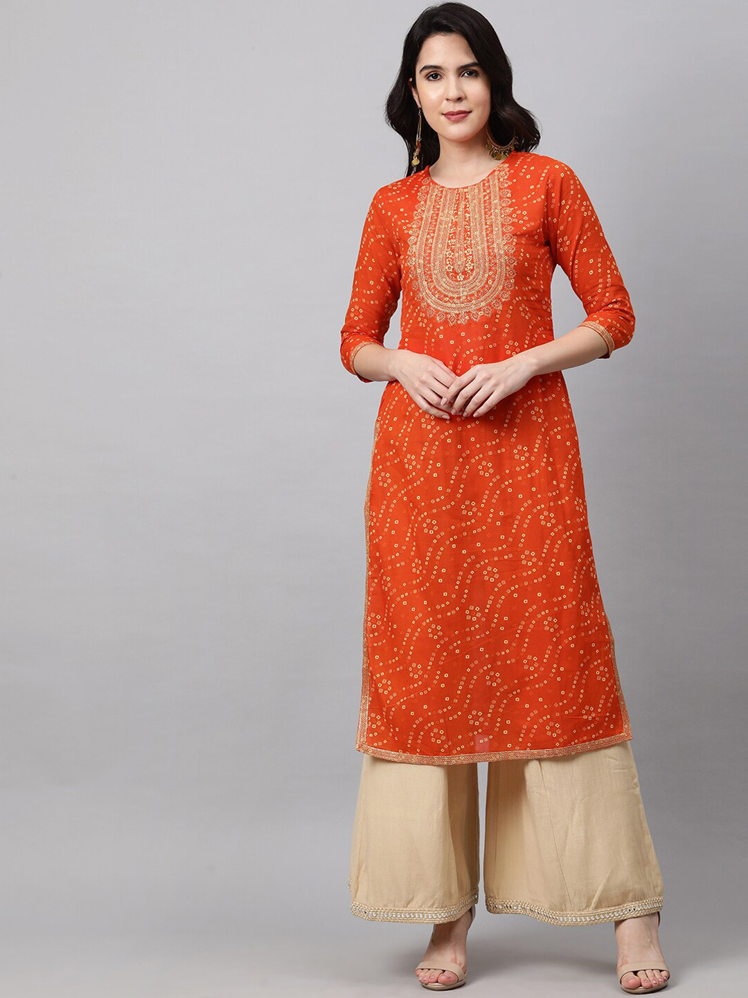 

FASHOR Women Orange Ethnic Motifs Embroidered Bandhani Kurta