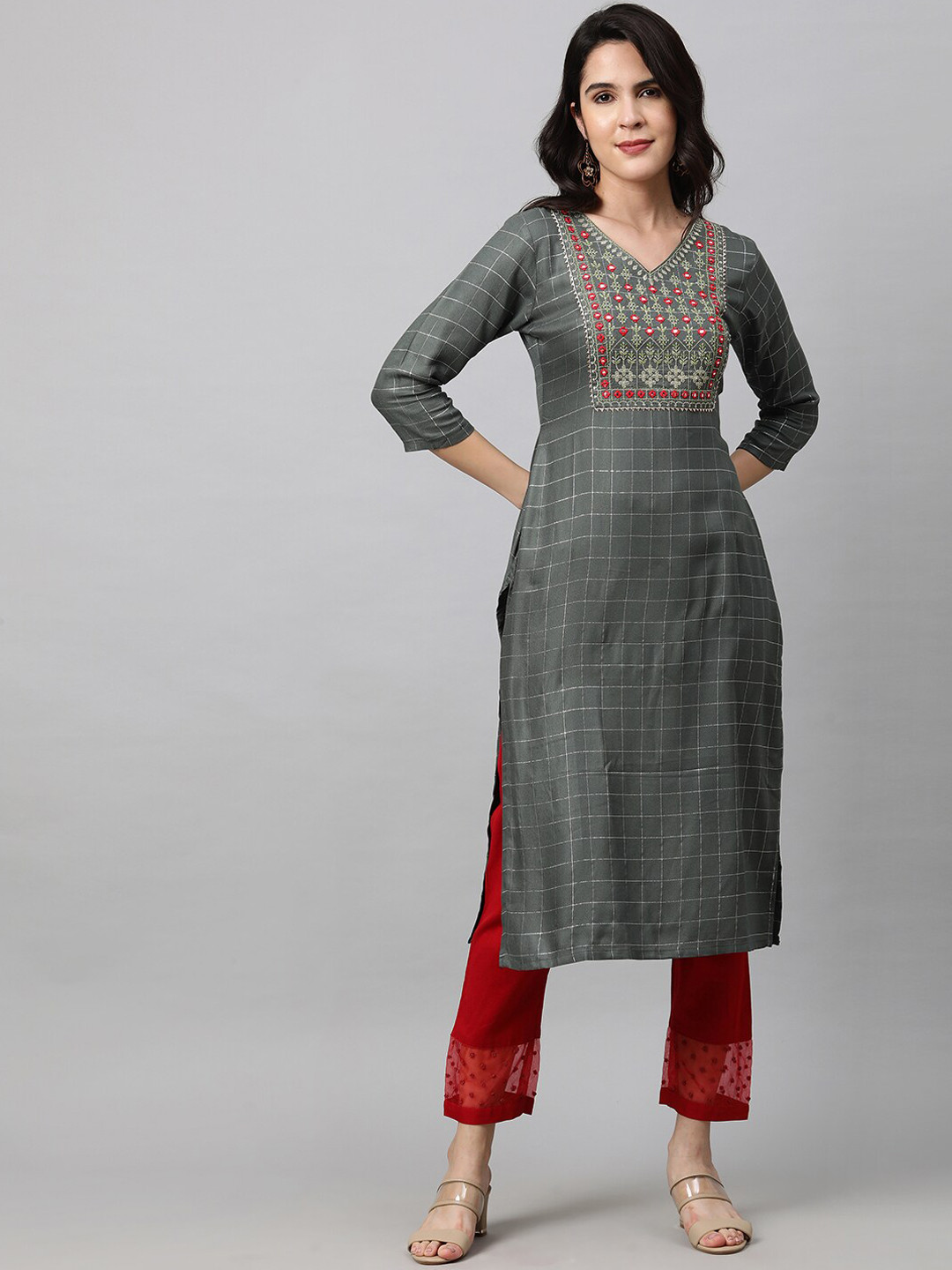 

FASHOR Women Green Checked Mirror Work Straight Kurta