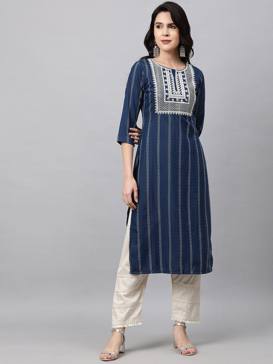 

FASHOR Women Navy Blue Striped Thread Work Kurta