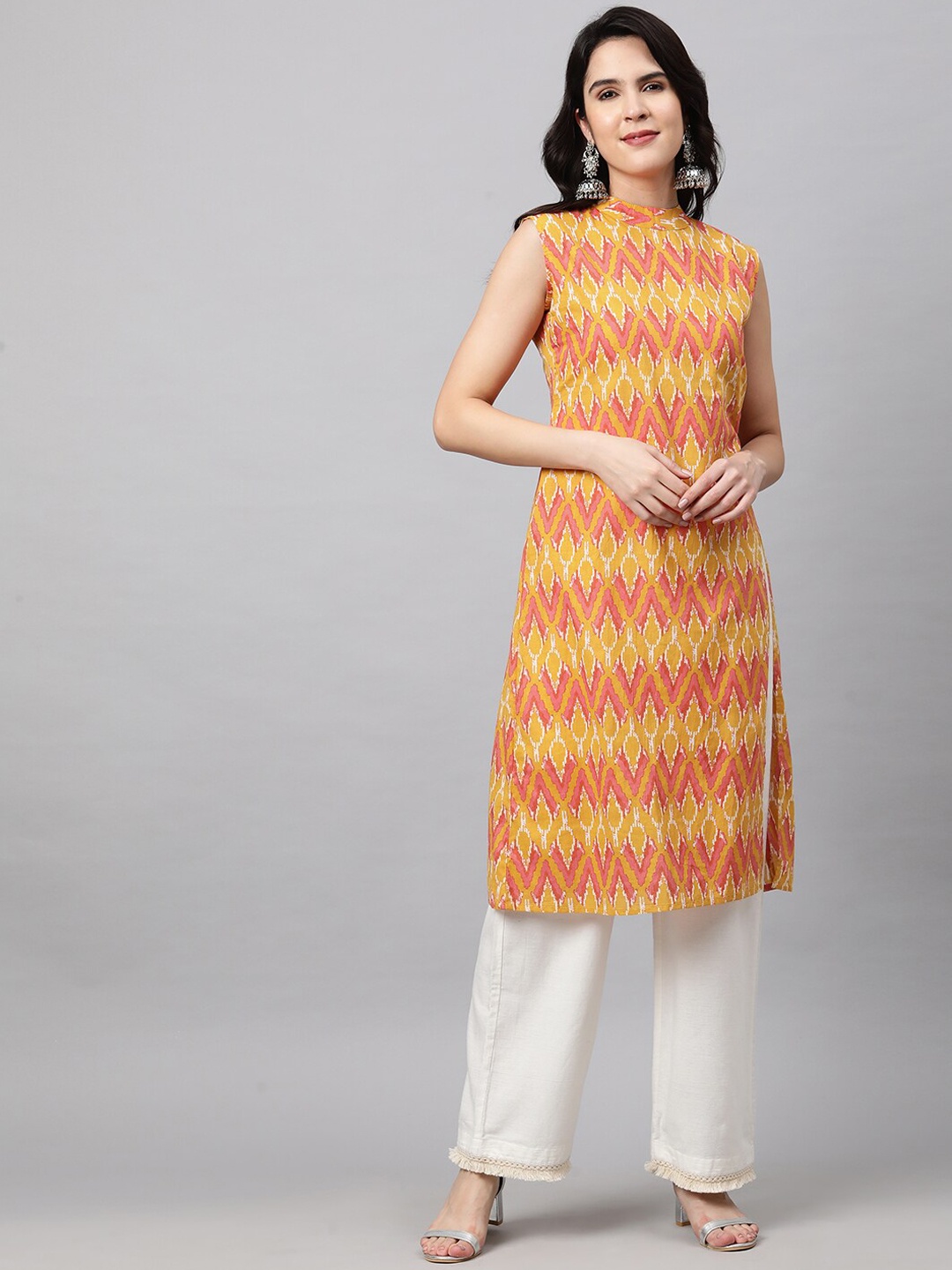 

FASHOR Women Mustard Yellow & Pink Ethnic Motifs Printed Pure Cotton Kurta