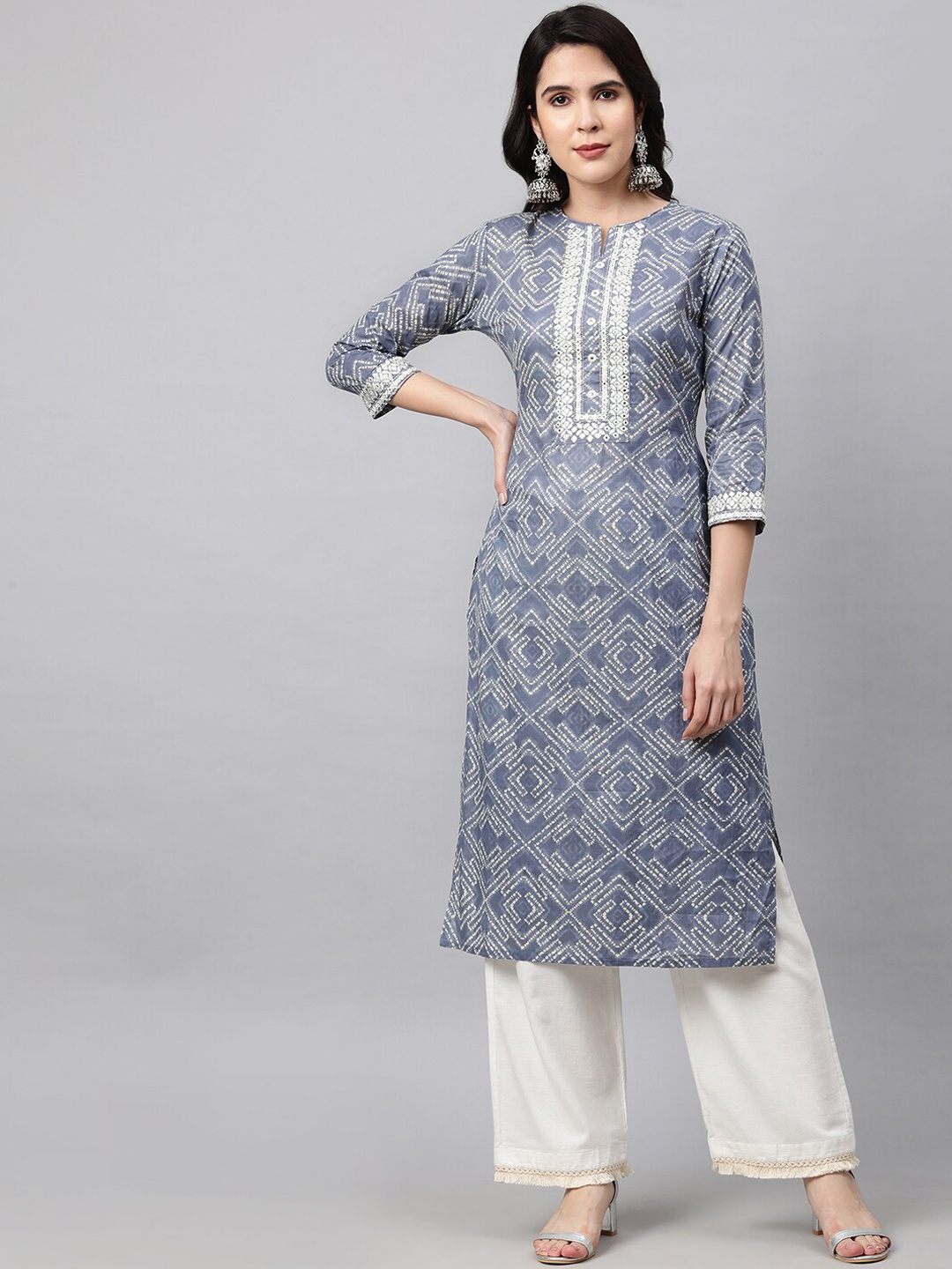 

FASHOR Women Grey Ethnic Motifs Printed Mirror Work Kurta