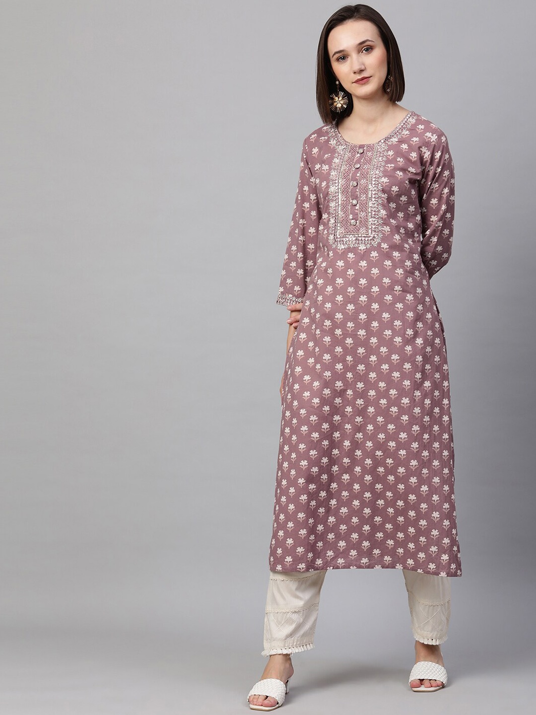 

FASHOR Women Pink Ethnic Motifs Yoke Design Embroidered Pure Cotton Kurta