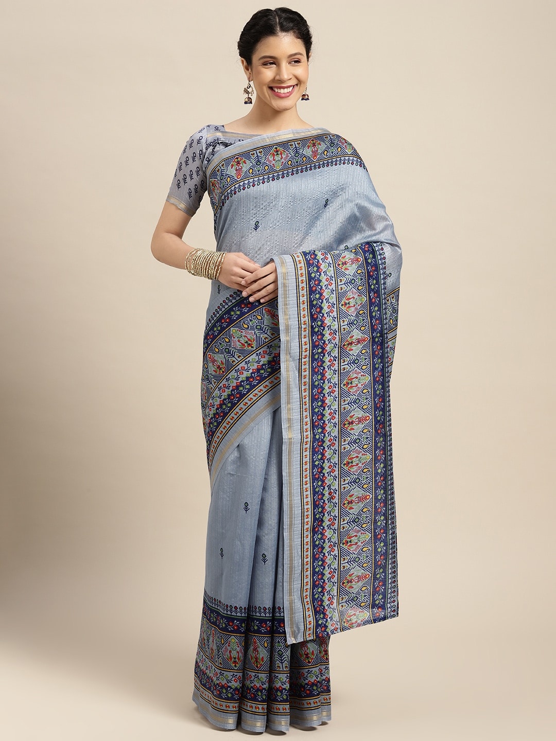 

KALINI Grey & Multicoloured Ethnic Motifs Zari Saree