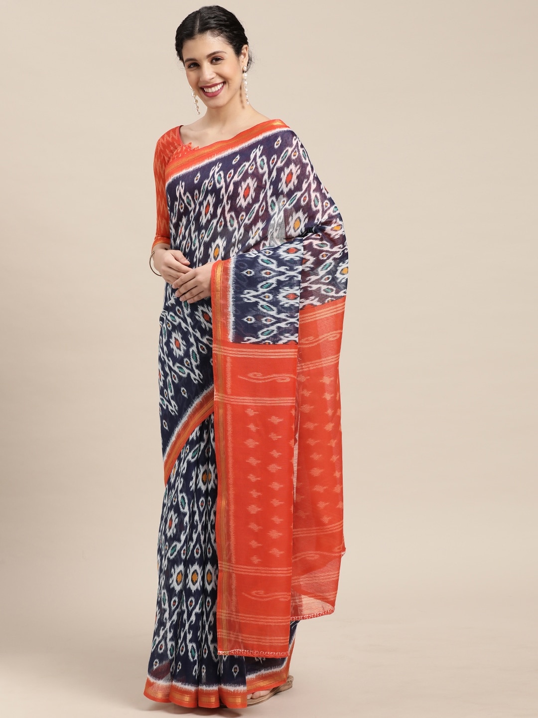 

KALINI Navy Blue & Orange Ethnic Motifs Zari Saree