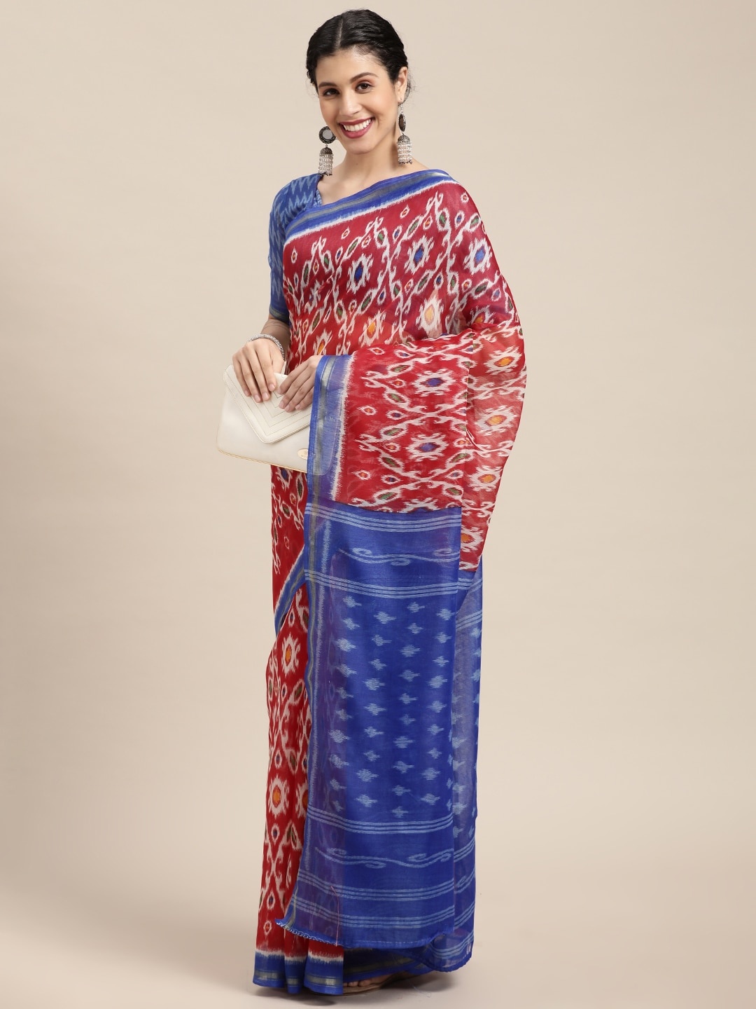 

KALINI Red & Blue Ethnic Motifs Zari Saree