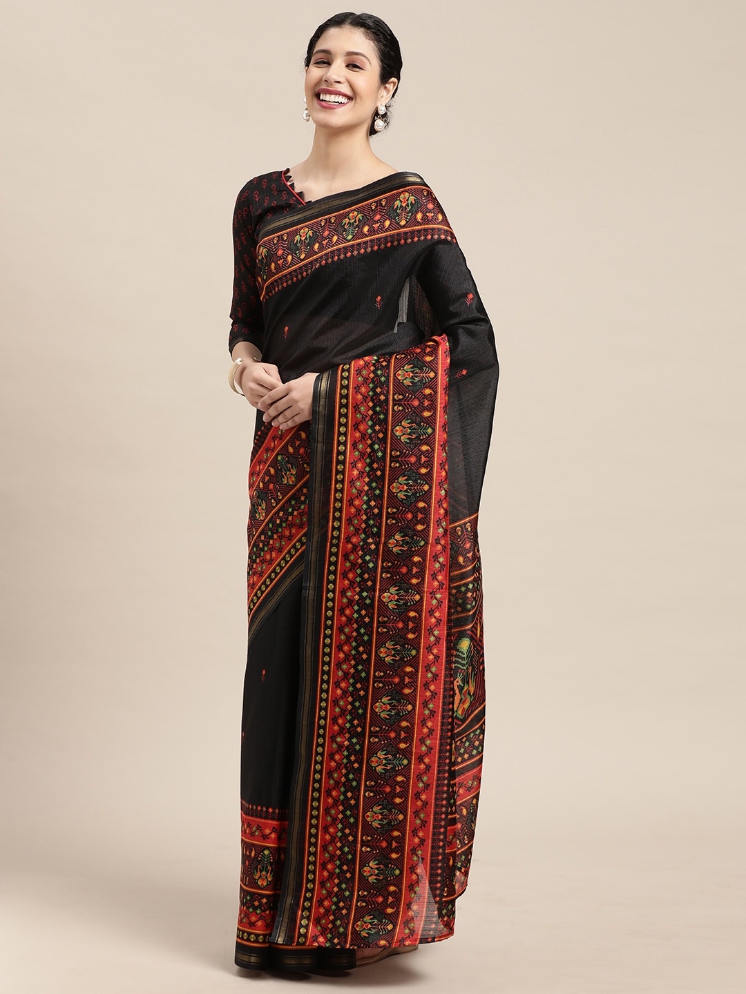

KALINI Black & Red Ethnic Motifs Saree