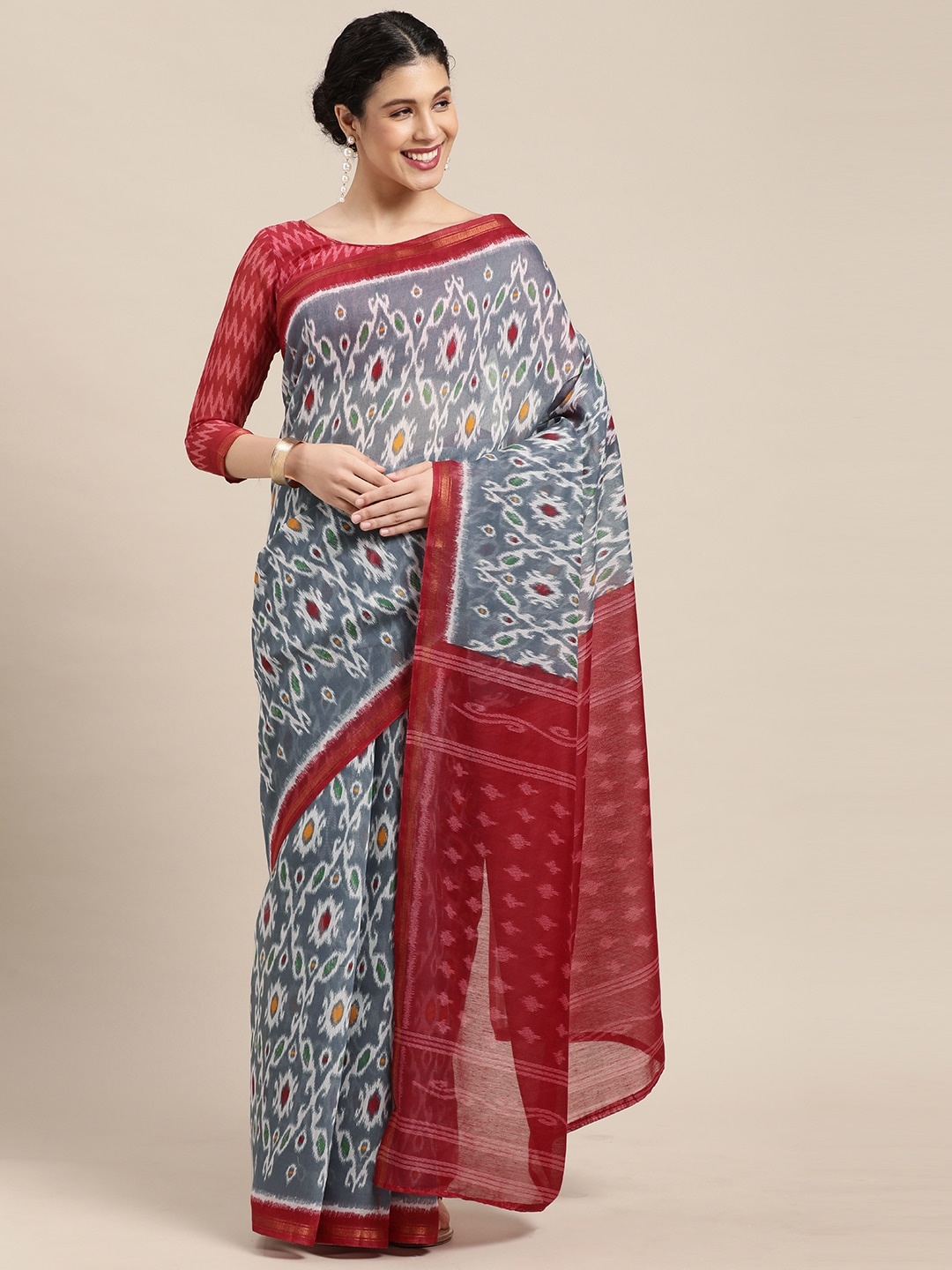

KALINI Grey & Red Ethnic Motifs Saree