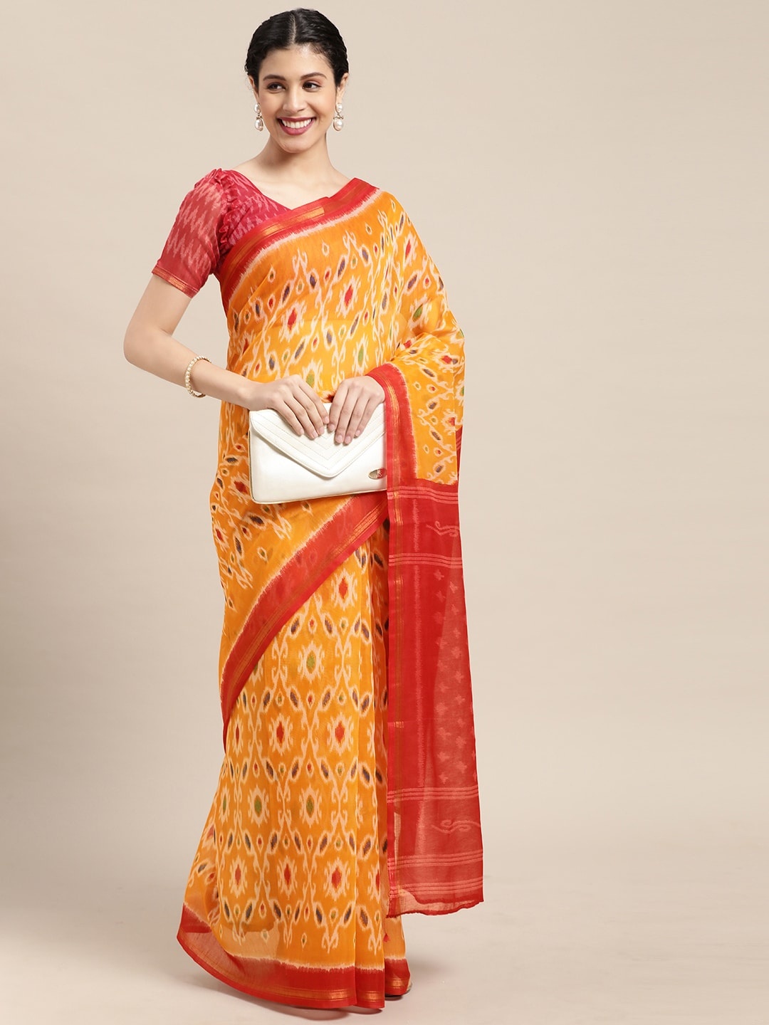 

KALINI Yellow & Red Ethnic Motifs Zari Saree