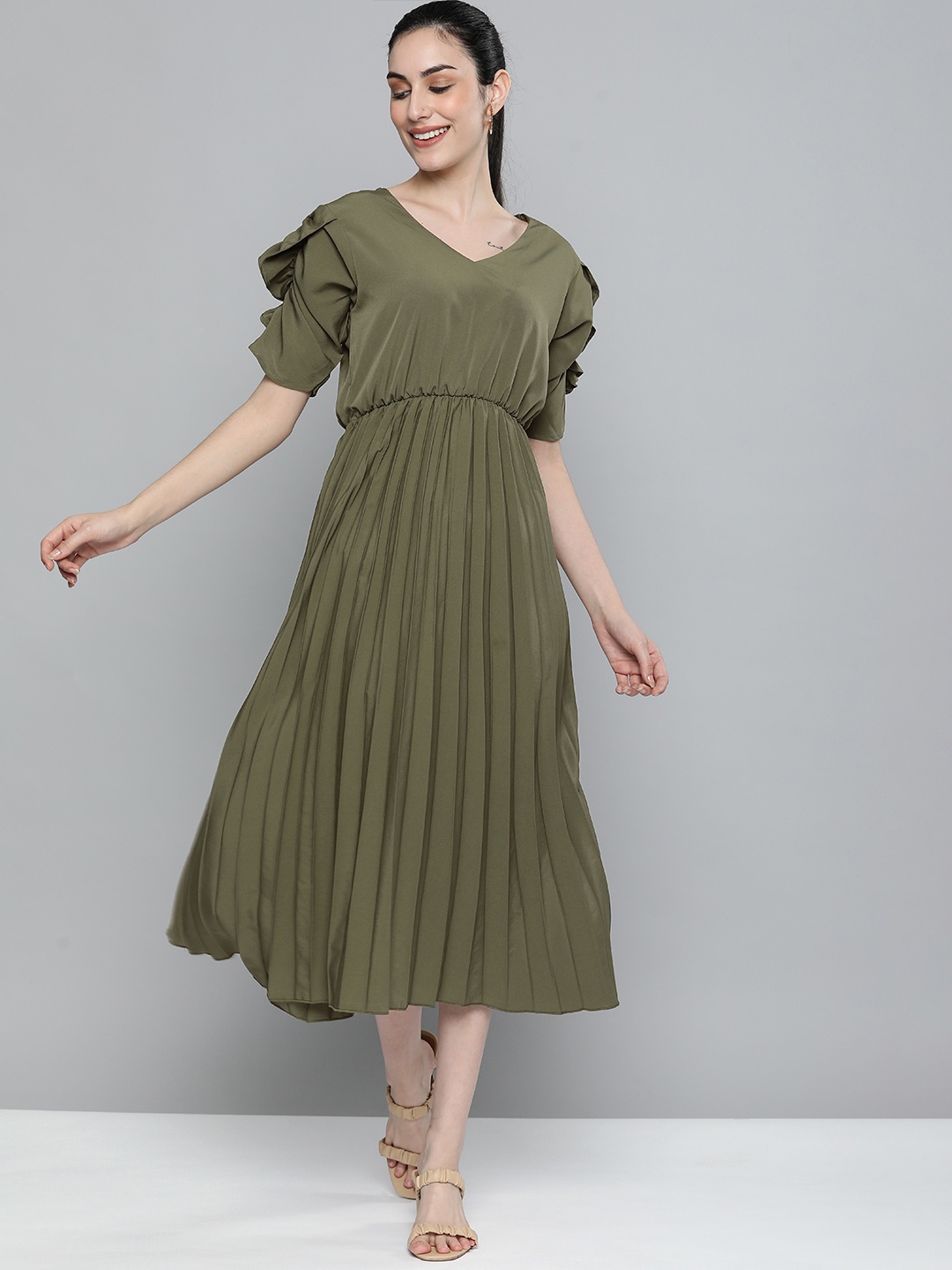 

Kvsfab Olive Green Crepe A-Line Midi Dress