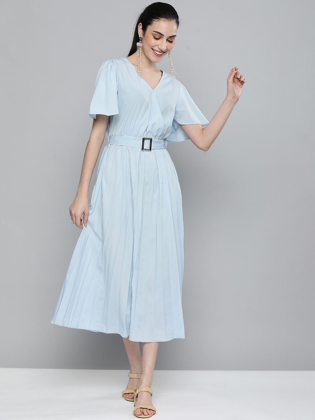 

Kvsfab Blue Solid Accordion Pleats Crepe A-Line Midi Dress with Belt