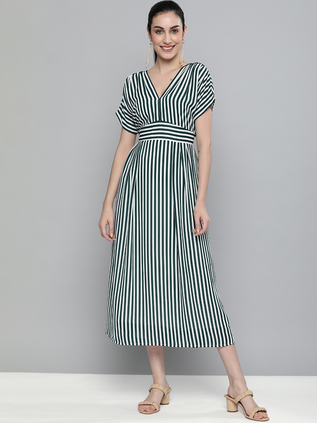 

Kvsfab Green & White Striped Sustainable Georgette a -Line Dress