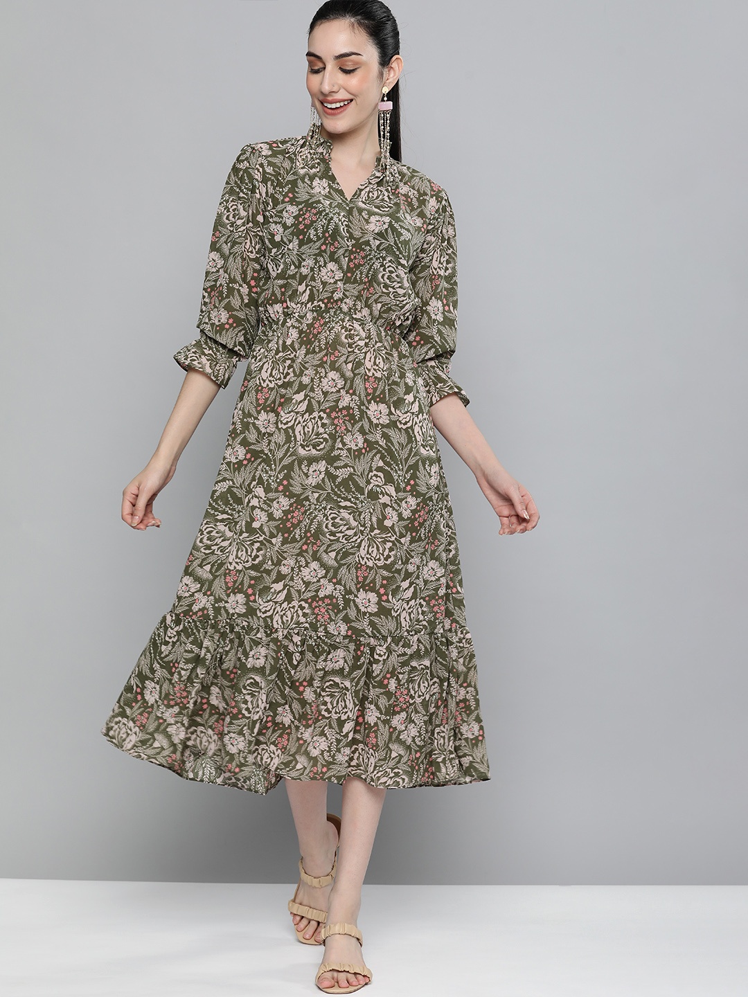 

Kvsfab Geen Floral Printed Chiffon A-Line Dress, Green