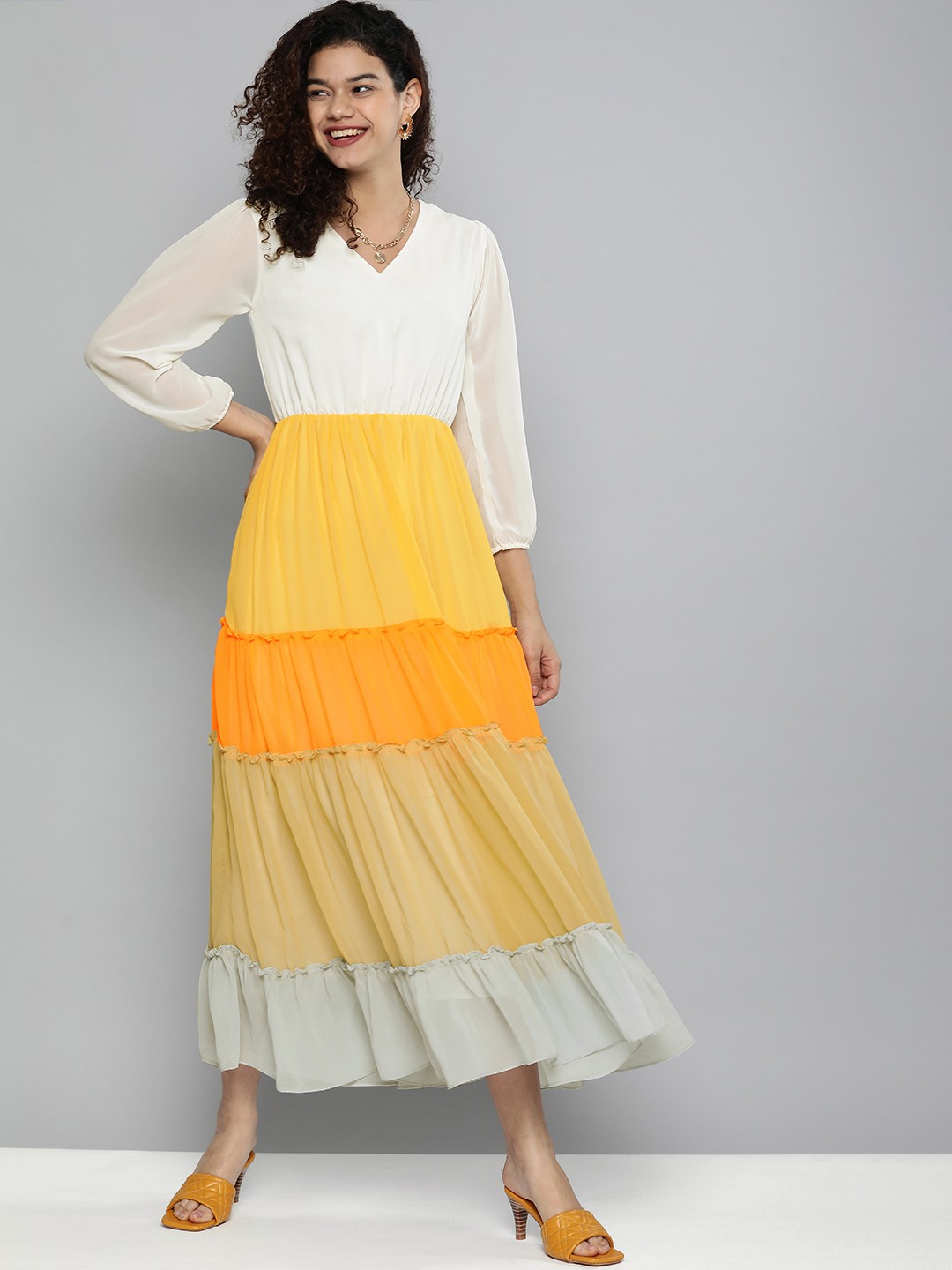 

Kvsfab White & Yellow Colourblocked Georgette A-Line Maxi Dress