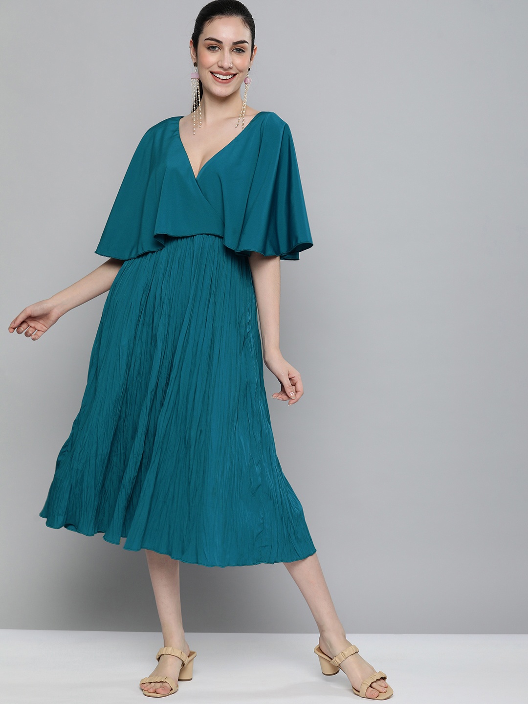 

Kvsfab Teal Layered Crepe A-Line Midi Dress