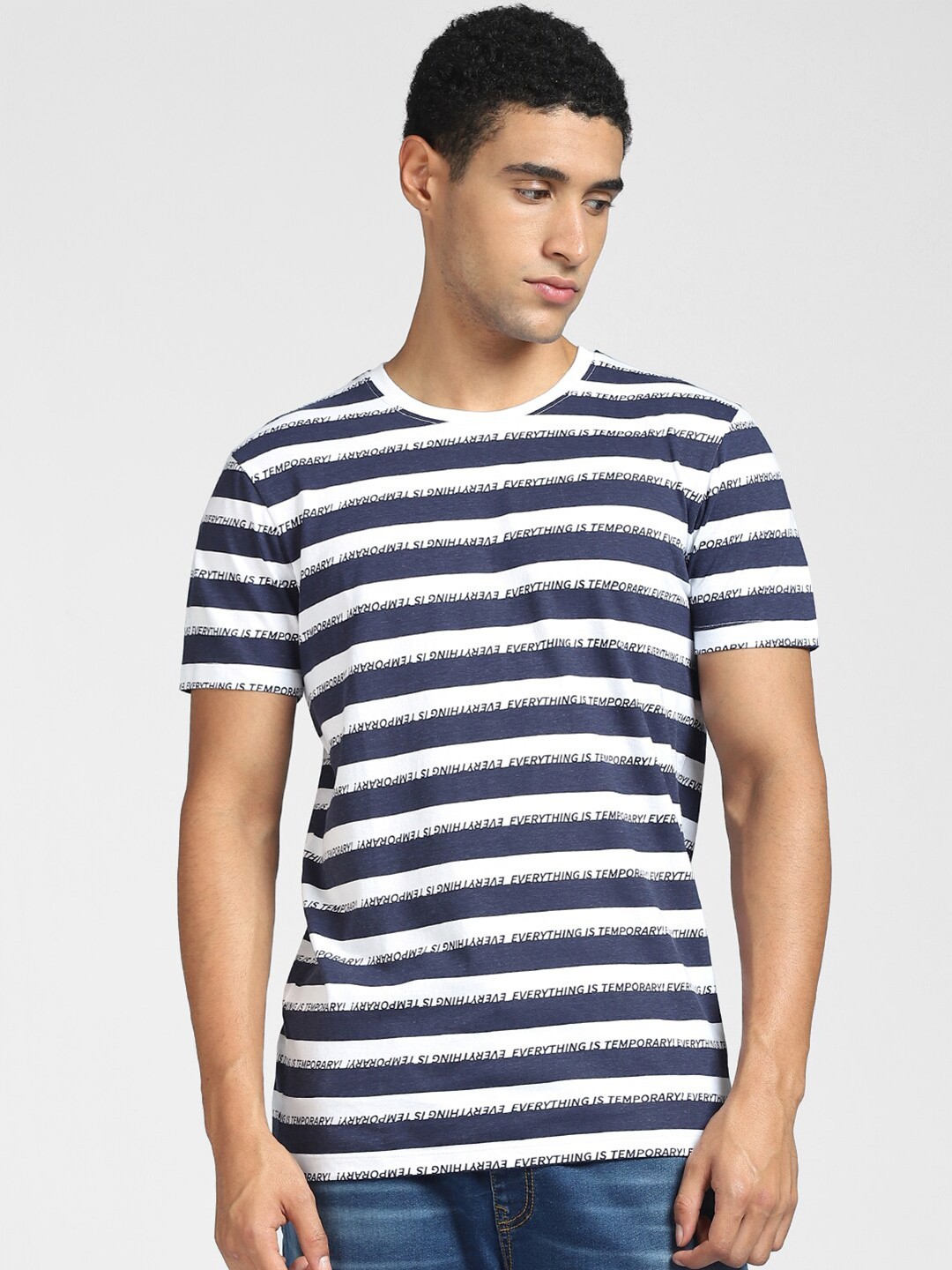 

Jack & Jones Men Blue & skipper blue Striped Pure Cotton Pockets Slim Fit T-shirt