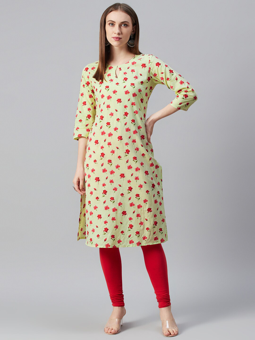 

anayna Women Green & Red Floral Printed Keyhole Neck Flared Sleeves Pure Cotton Kurta