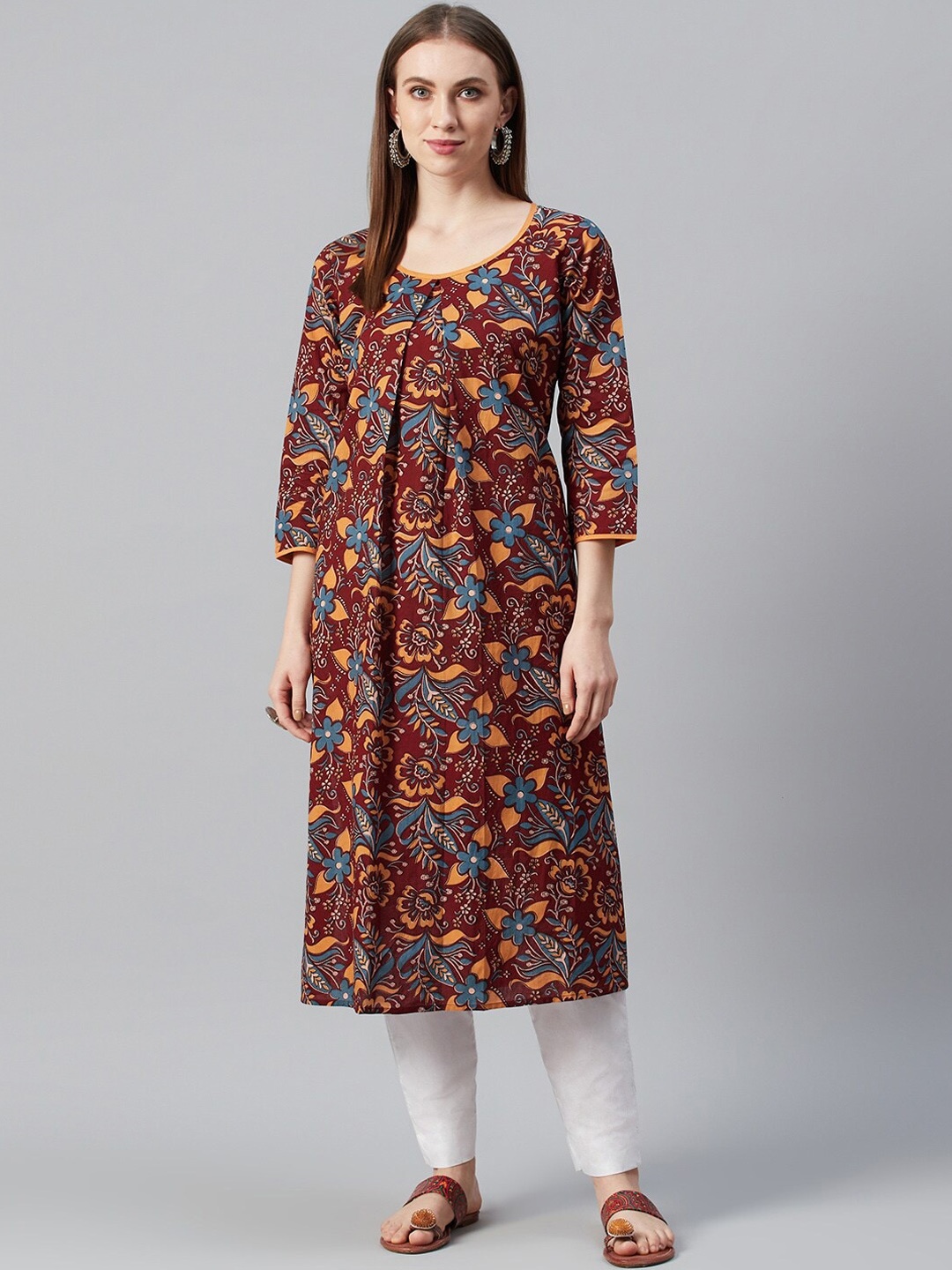 

anayna Women Brown & Blue Floral Printed Pure Cotton Kurta