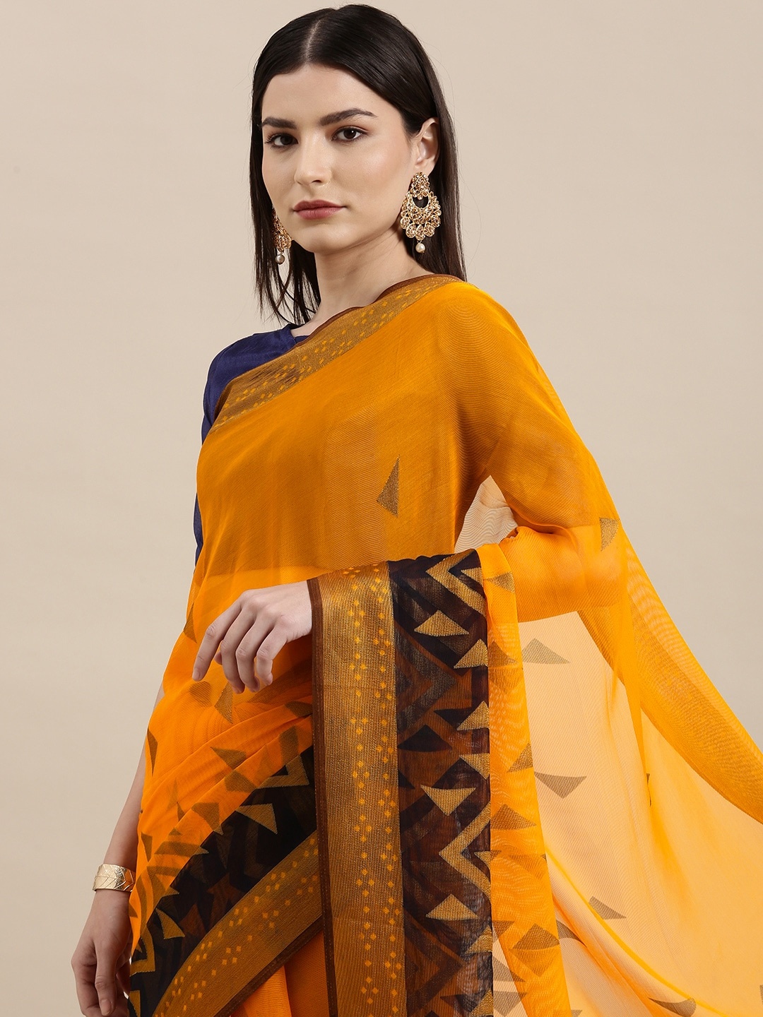 

KALINI Mustard Yellow & Navy Blue Brasso Printed Saree