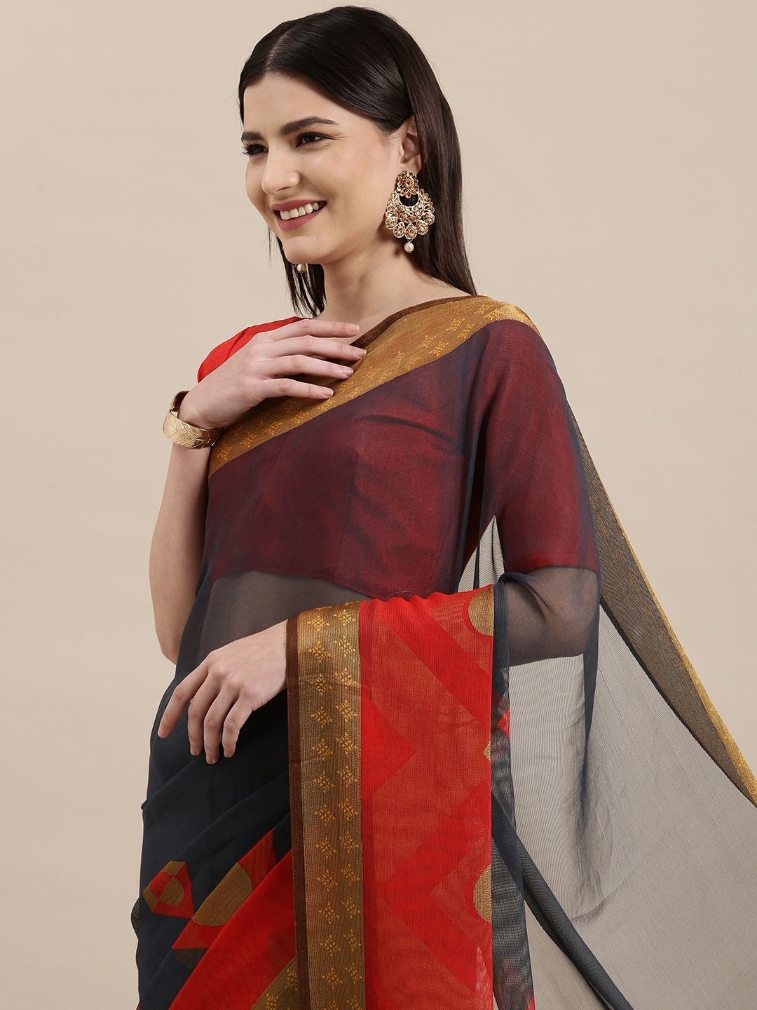 

KALINI Charcoal Grey & Orange Brasso Printed Saree