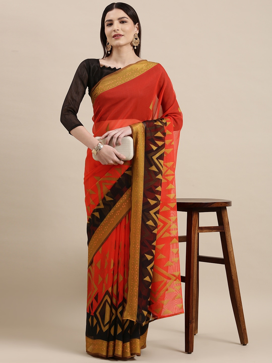 

KALINI Red & Black Geometric Print Brasso Saree