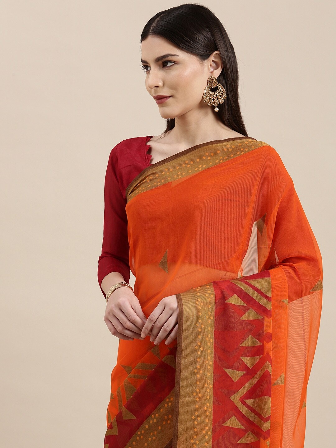 

KALINI Orange & Red Brasso Printed Saree
