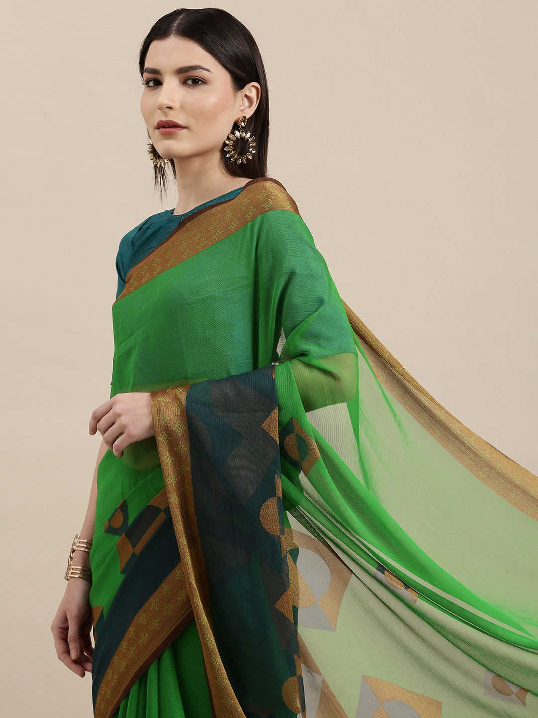 

KALINI Green & Gold Geometric Print Brasso Saree