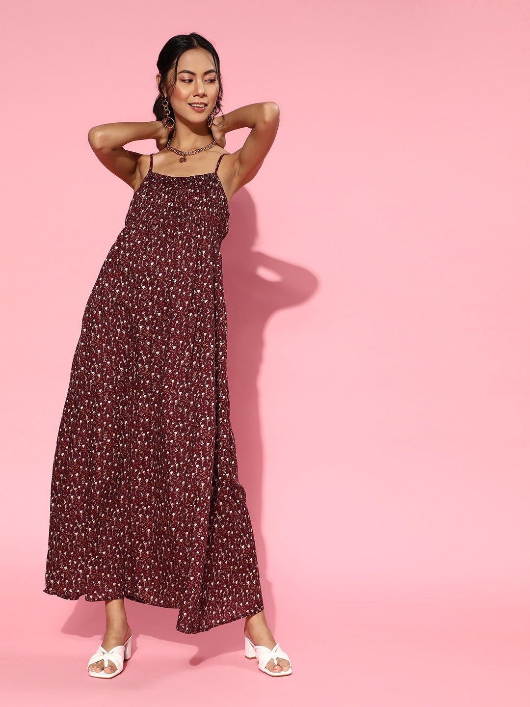 

SASSAFRAS Maroon & White Floral Maxi Dress