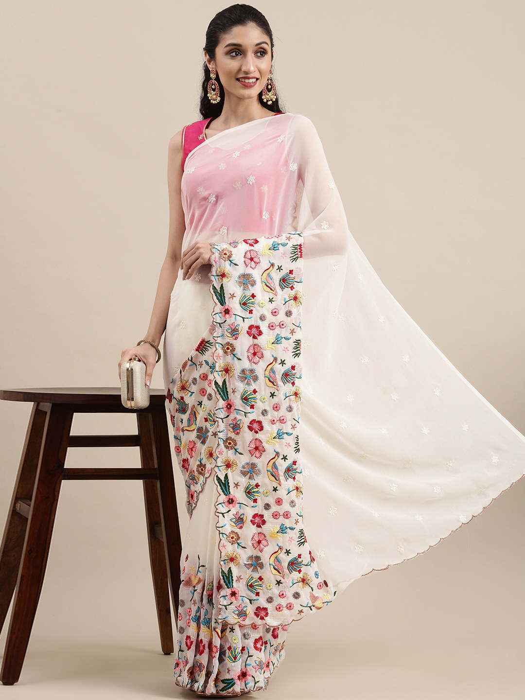 

Kvsfab White Floral Embroidered Sequinned & Zari Pure Georgette Fusion Saree