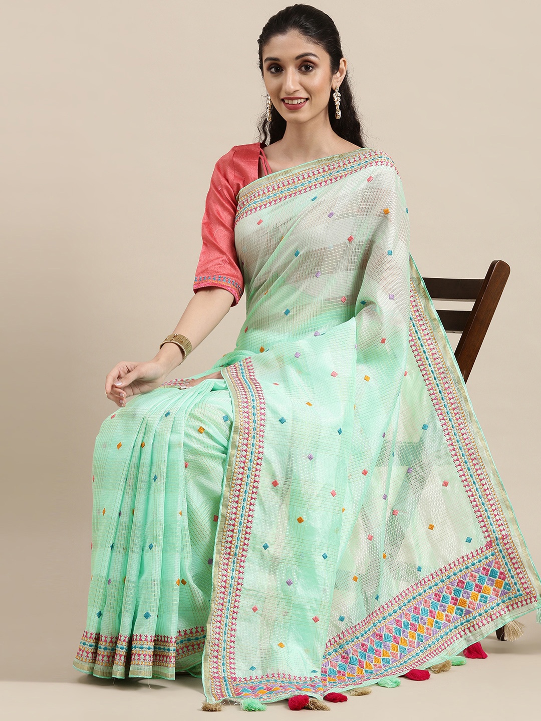 

Kvsfab Sea Green Geometric Kutchi Embroidery Fusion Saree with Checked Detail