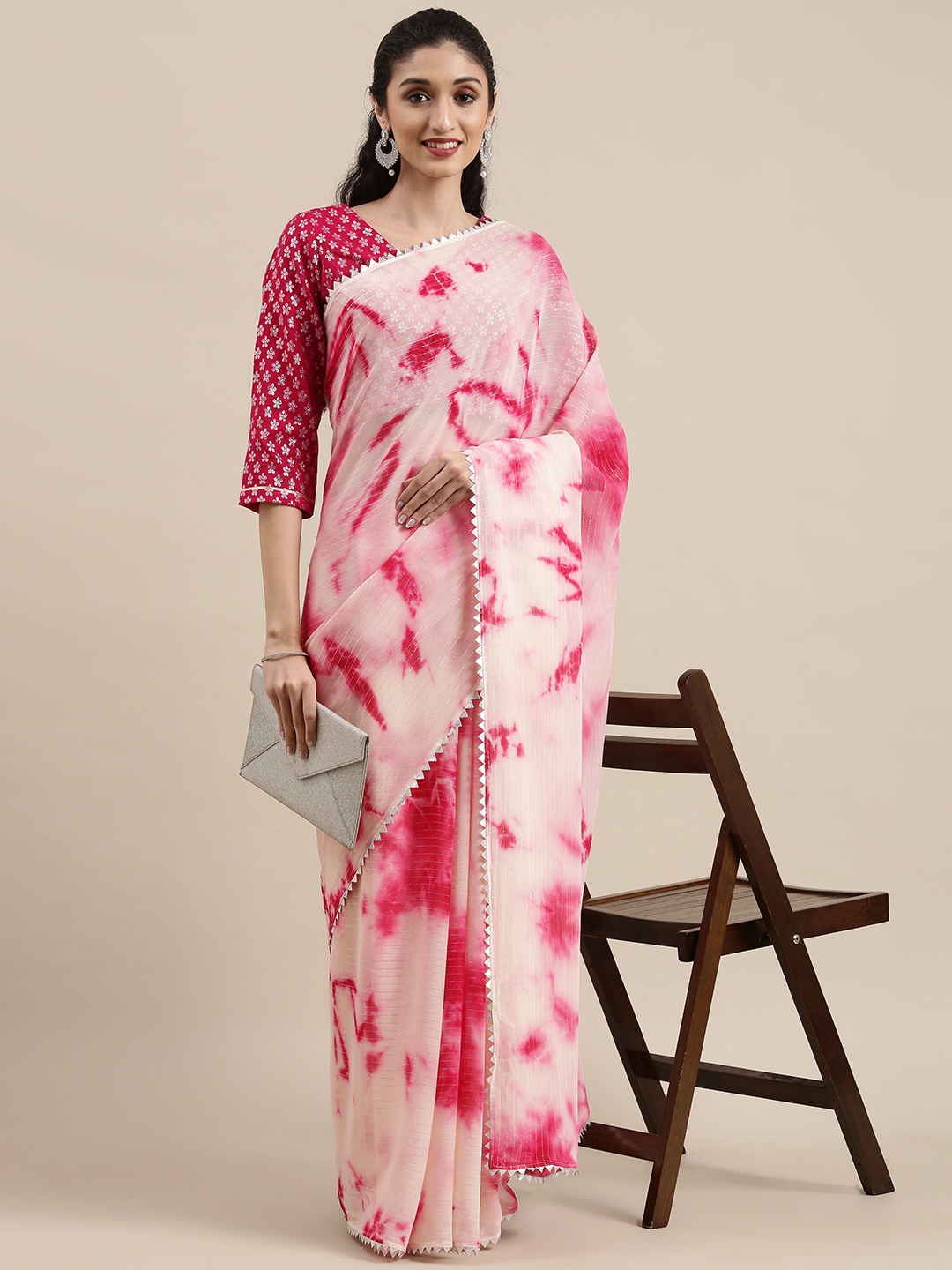 

Kvsfab Magenta Pink & White Shibori Print Gotta Patti Pure Georgette Fusion Saree