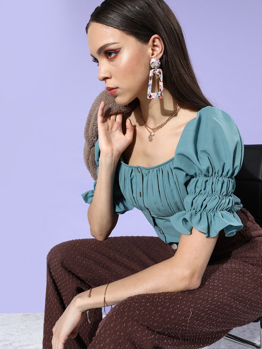 

MISH Blue Solid Pleated Georgette Top