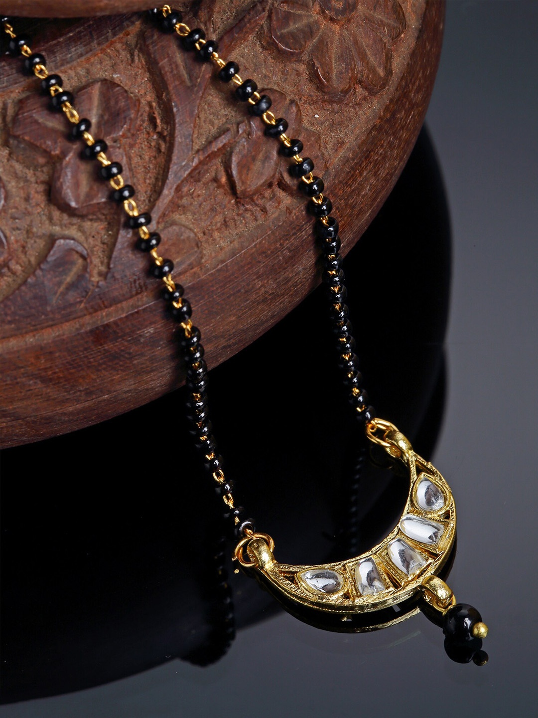 

KARATCART Gold-Plated Black Beaded Moon Shape Kundan Studded Mangalsutra