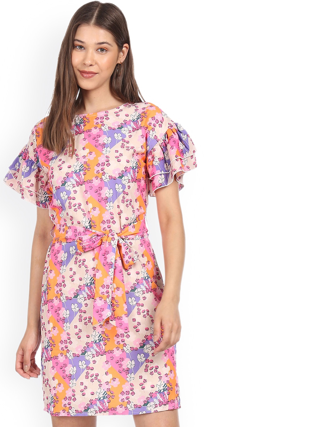

Sugr Multicoloured Round Neck Printed Dress, Pink
