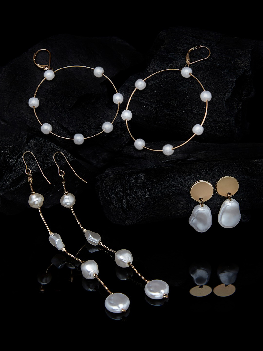 

AMI Set of 3 Gold-Plated & White Circular Dangle & Drop Earrings