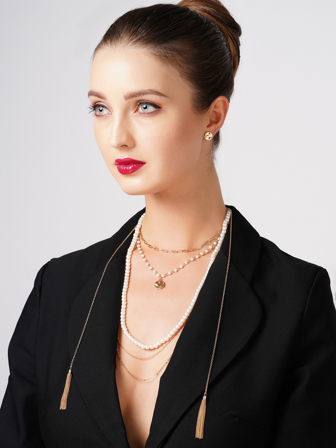

AMI Gold-Toned & White Layered Chain & Earrings Jewellery Set