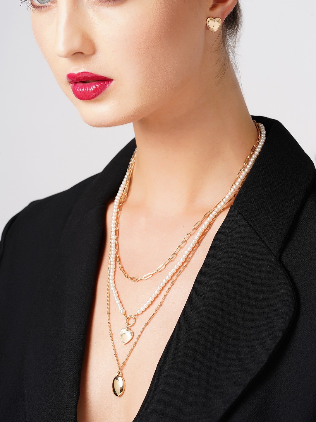 

AMI Gold-Toned & White Gold-Plated 3 Layered Chain with Matching Earrings