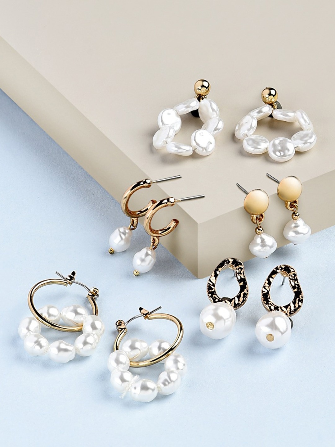 

AMI Set of 5 Gold-Plated & White Circular Drop & Hoop Earrings