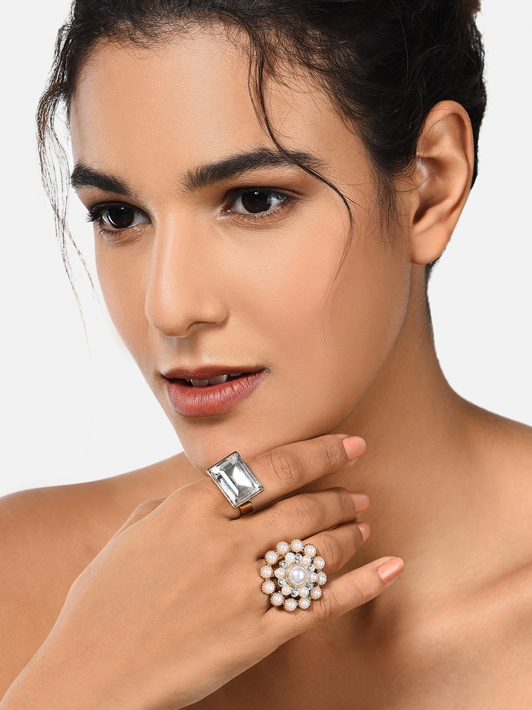 

AMI Set Of 2 Gold-Plated & White Stone-Studded & Pearl Beaded Finger Rings