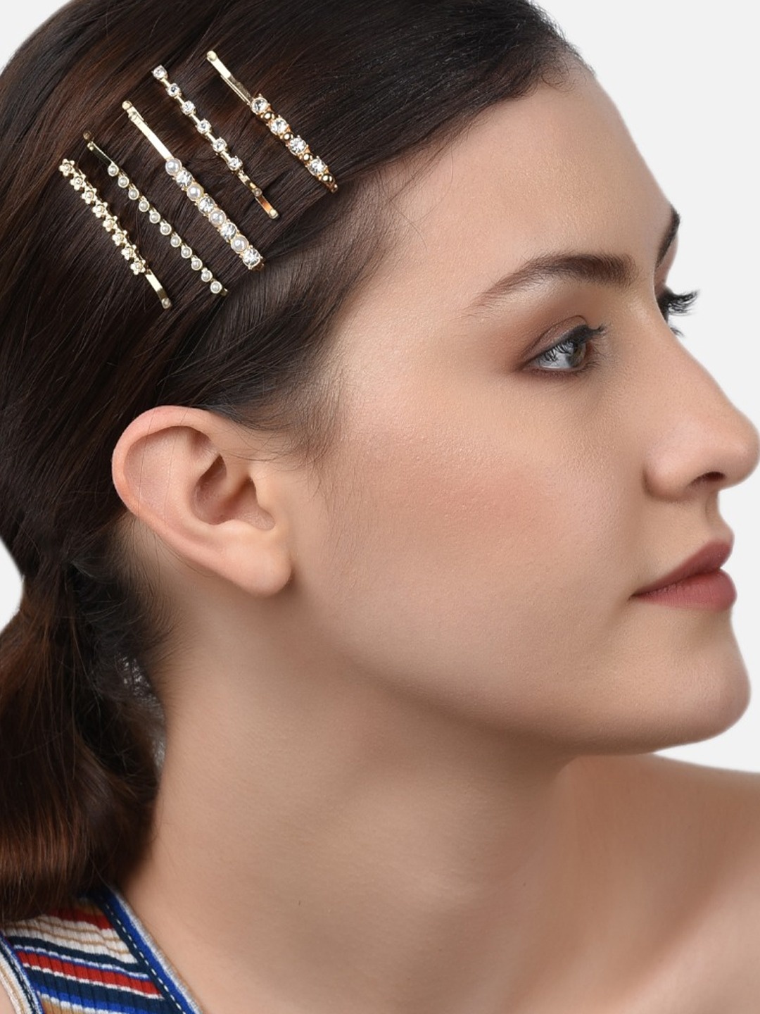 

AMI Women Set of 5 Gold-Toned & White Embellished Bobby Pins