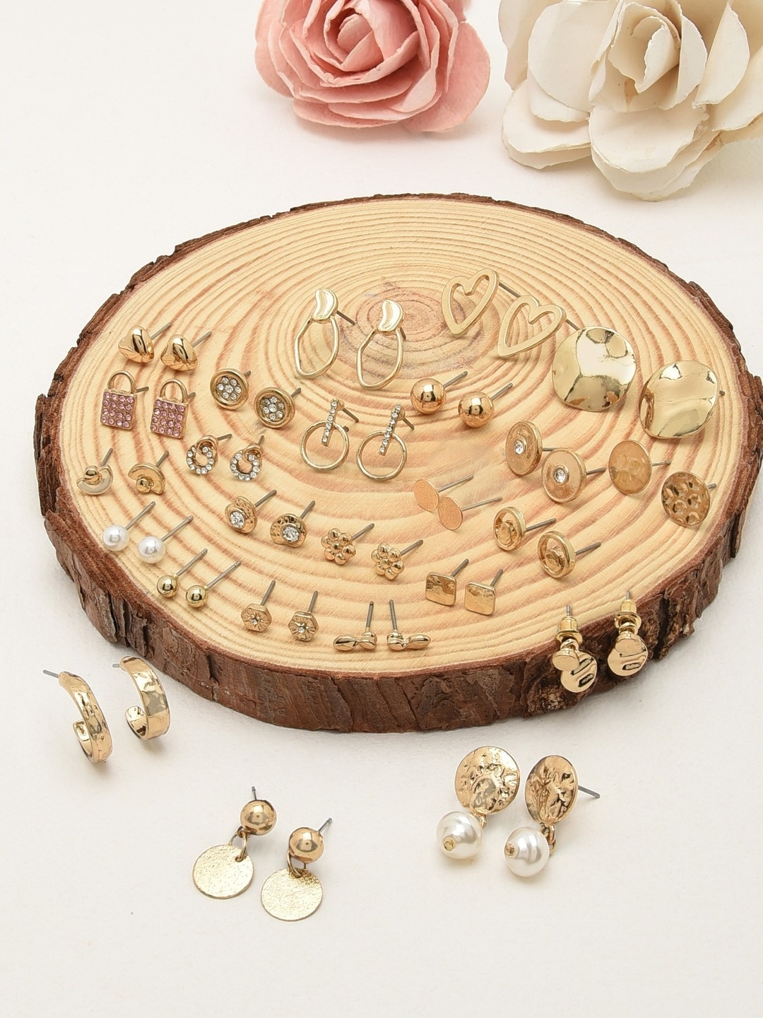 

AMI Set of 25 Gold-Plated & White Contemporary Studs Drop & Semi-Hoops Earrings