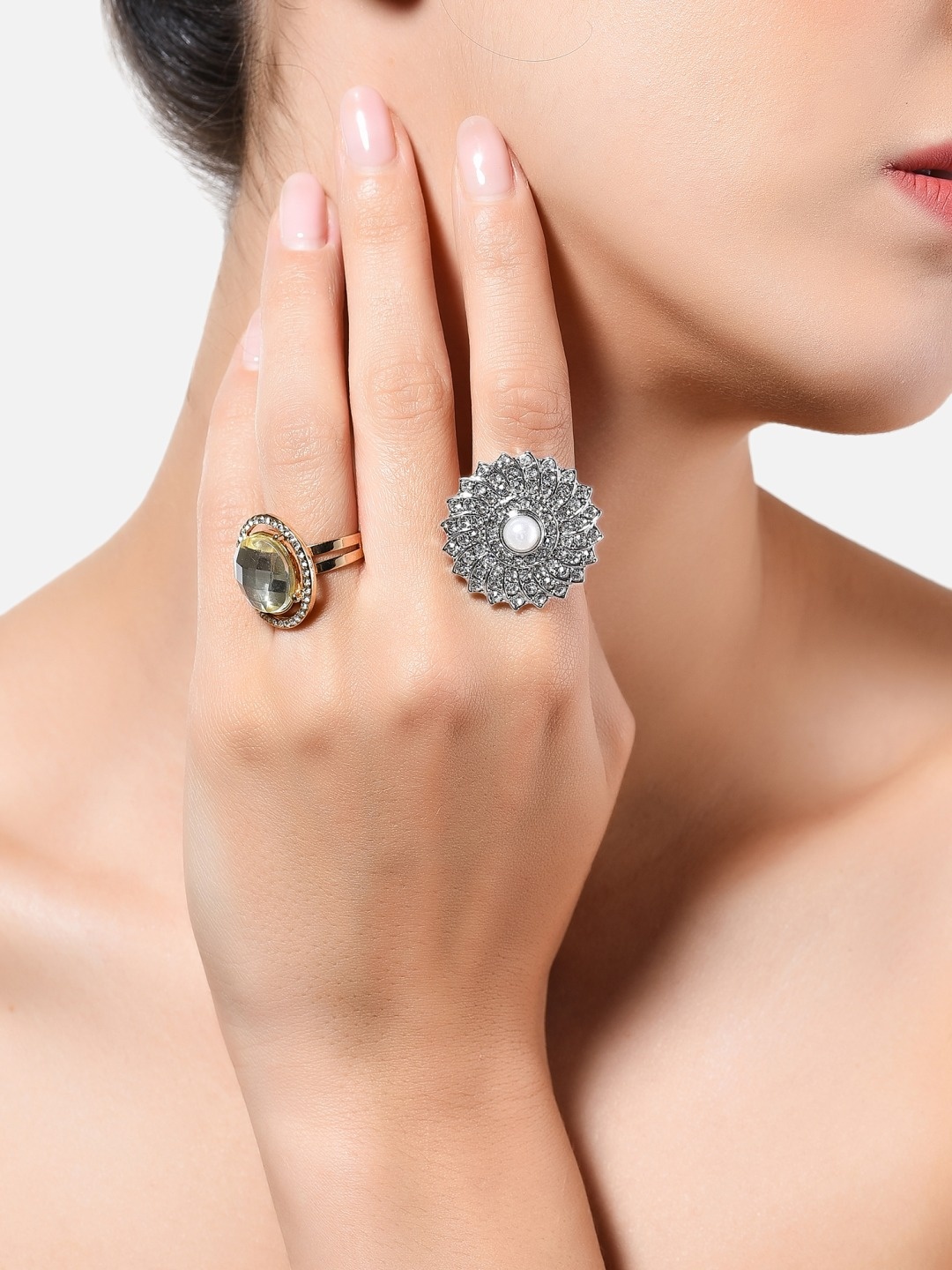 

AMI Set Of 2 Gold-Plated Silver-Toned White Stone-Studded Finger Ring