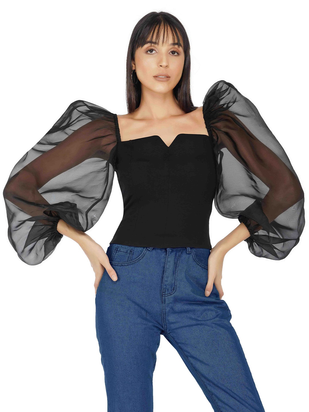 

THE CLOTHING FACTORY Black Balloon Sleeves Corset Top