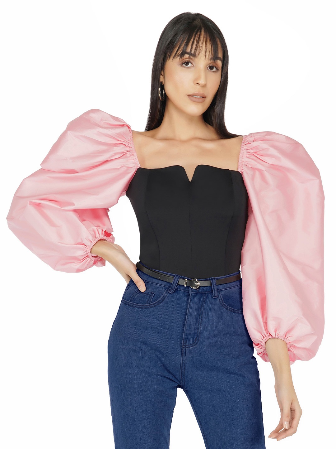 

THE CLOTHING FACTORY Pink Off-Shoulder Balloon Sleeves Corset Top