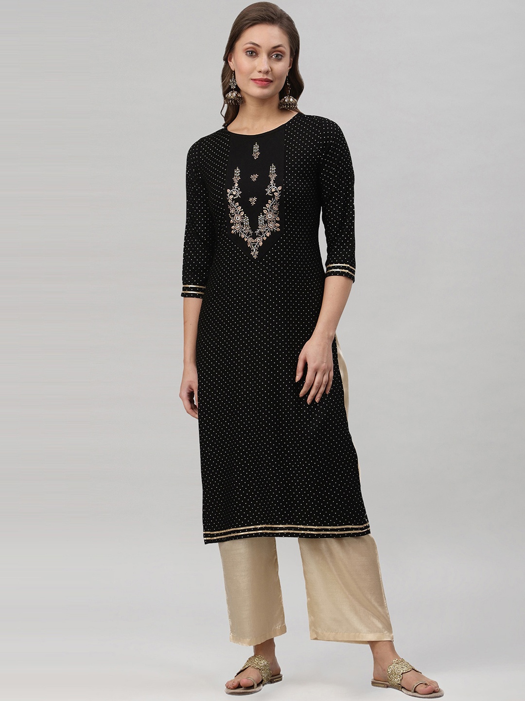 

KALINI Women Black Round Neck Embroidered Kurta