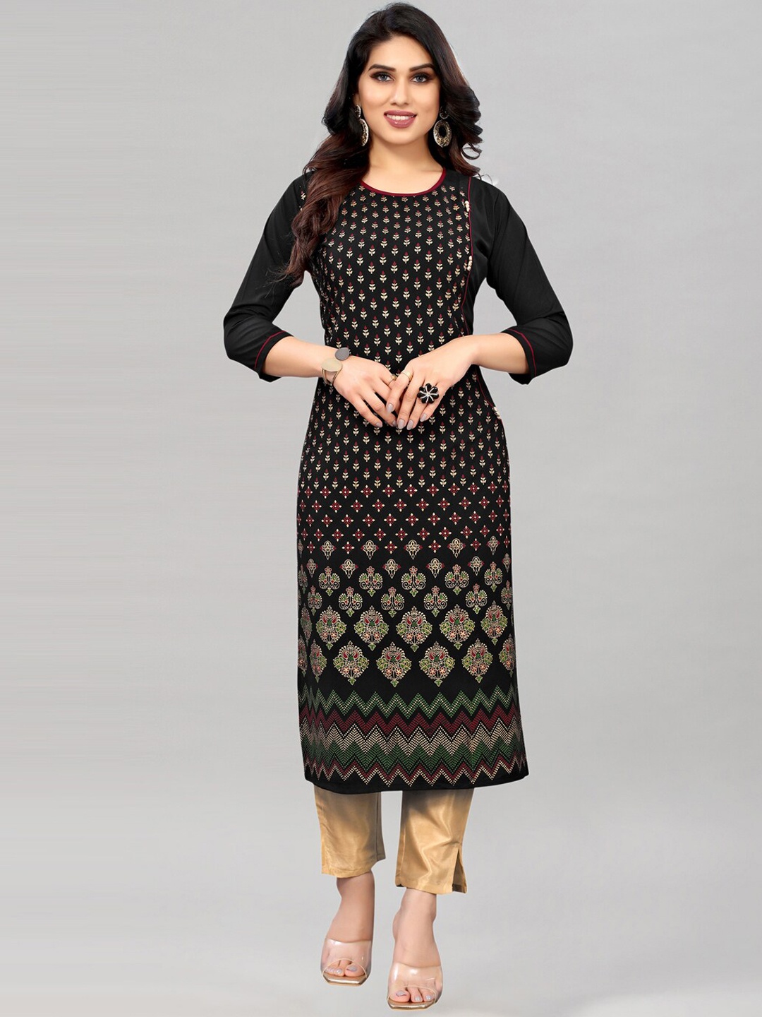 

KALINI Women Black Ethnic Motifs Foil Print Crepe Kurta