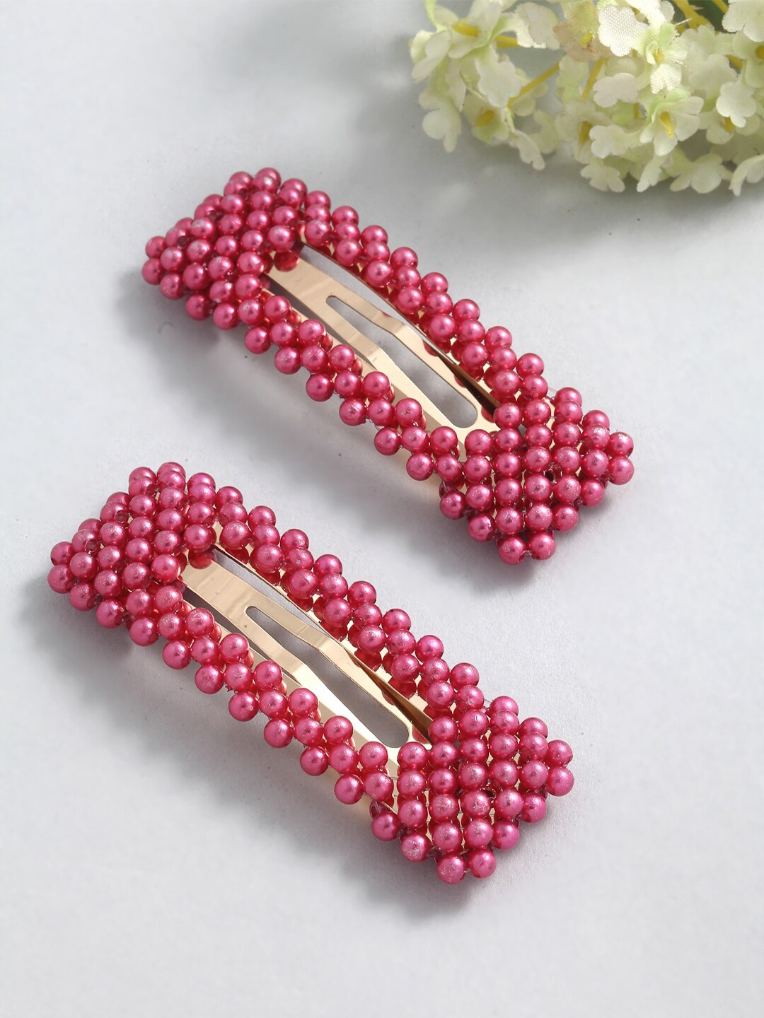 

VOGUE PANASH Women Gold-Toned & Magenta Set of 2 Embellished Tic Tac Hair Clips