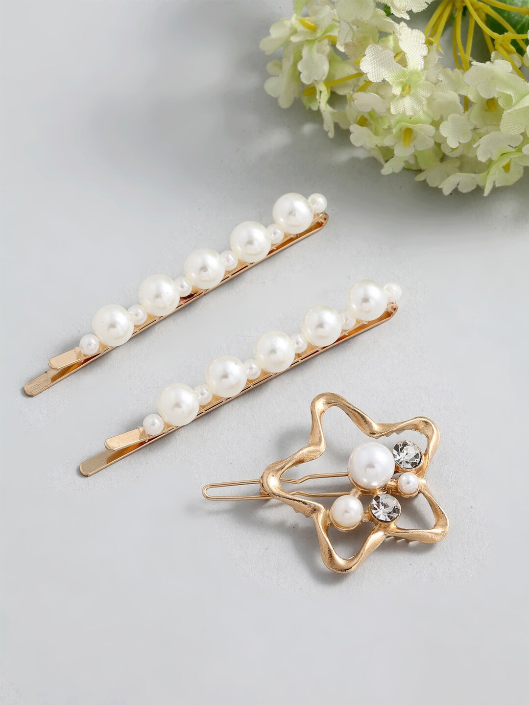 

VOGUE PANASH Set Of 3 Women Gold-Toned Pearl Embellished Hair Pins